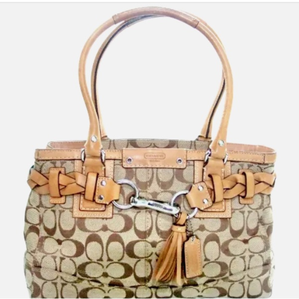 Coach Purse  Hampton Tan Signature Large Carryall Braided Accents